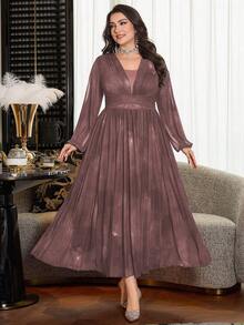 Modelyn Vestido largo elegante y casual de mujer de talla grande con cuello redondo, parches de malla, textura de punto y pliegues, para primavera/verano - Rosa - Ver 6
