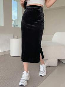 DAZY 女款純色高腰休閒優雅直筒中長裙，黑色，適合約會之夜、秋季、校園 - 黑色 - 查看 6