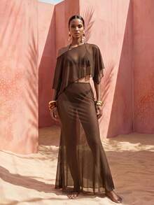 Zivah This Latest Women's Beach Brown Shawl Top And Skirt Set Is Suitable For All Occasions And Has A Bohemian Style. - Brown - View 5