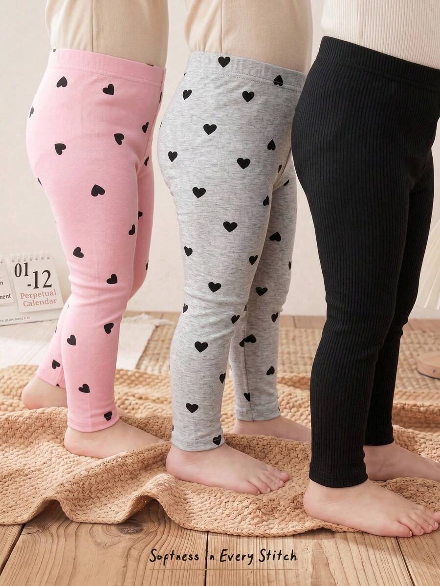 Cozy Pixies 3件組幼女可愛復古愛心圖案針織彈性腰純色內搭褲,舒適適合休閒、居家或戶外玩耍,可愛夏季童裝,出遊必備,Y2K、日系可愛、派對、日常、度假、可愛、舒適、2026夏季、鄉村風、週末休閒、拍照 - 珊瑚粉 - 查看 1