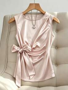 INAWLY Women's Solid Color Satin Sleeveless Tie Waist Bow Blouse - Dusty Pink - View 3