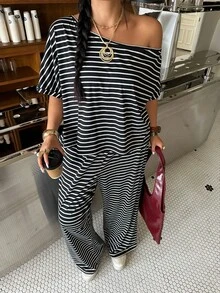 Muchica Striped Asymmetric Collar Top And Pants Plus Size 2 Pieces Set - Black and White - View 5