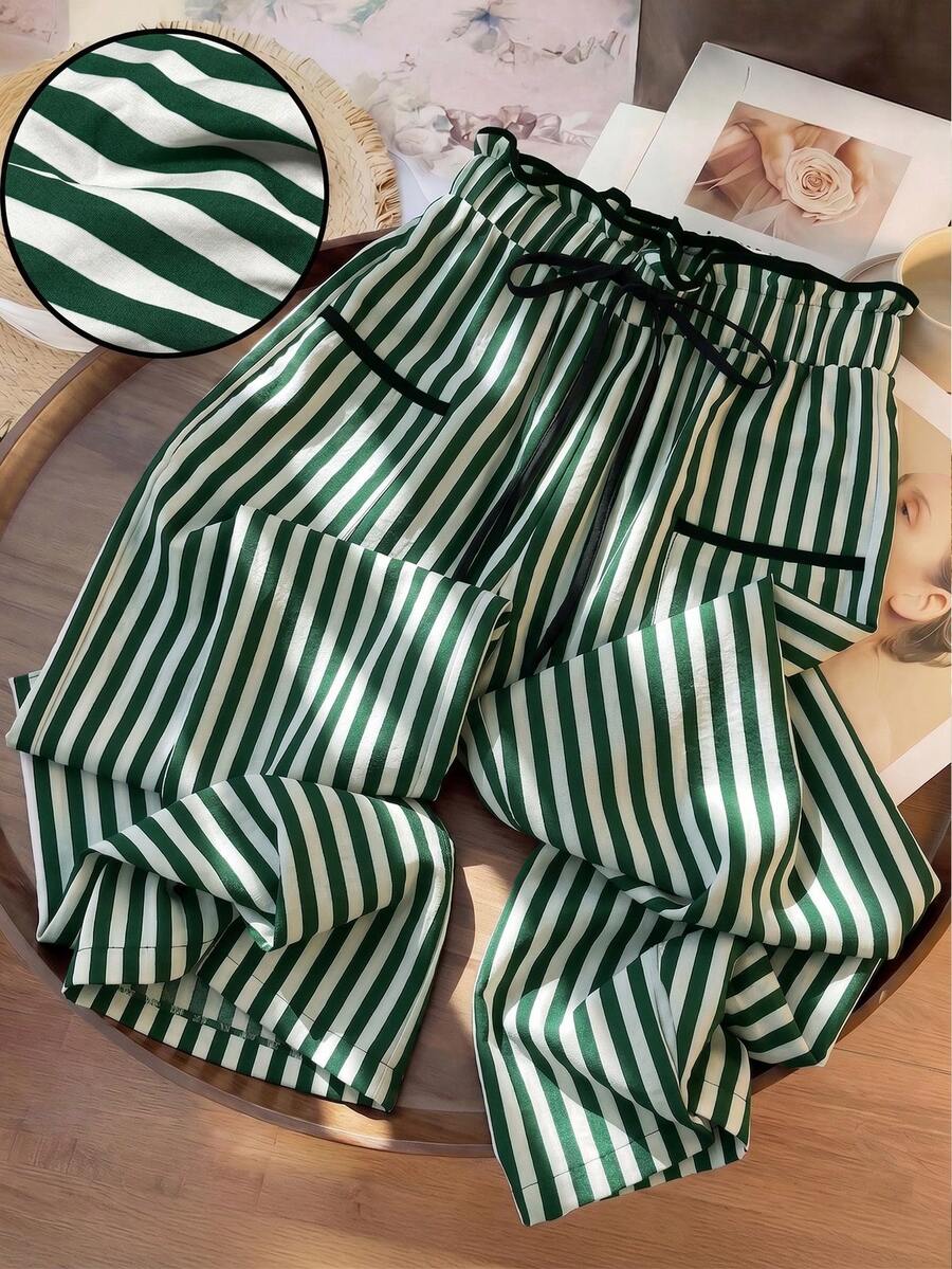 EMERY ROSE Plus Size Striped Casual High Waist Slimming Straight Leg Pants, Suitable For Summer Outfit Fall - Green - View 1