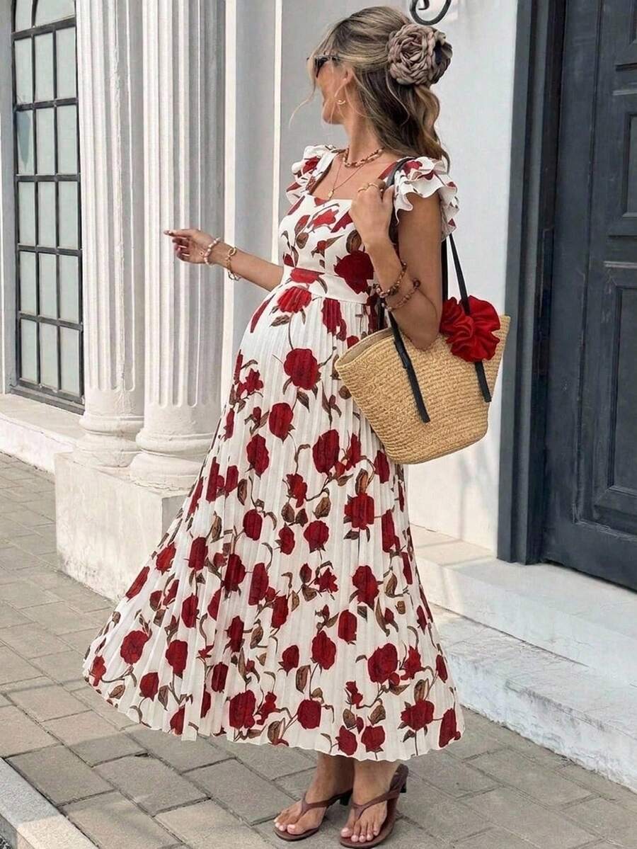 SHEIN Robe de maternité imprimée fleurs, drapée, décontractée, pour les vacances - Blanc - Voir 1