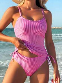 Swim Lushoire SS2025 女款春夏海灘泳裝，藍白條紋分體式泳衣 - 粉色 - 查看 5
