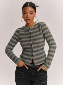 SHEIN BAE 女款條紋拼接修身休閒長袖上衣 - 軍綠色 - 查看 5