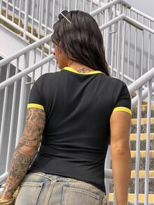 SAYEHFBABY 女款街頭休閒V領圖案印花修身短袖T恤 黑色 夏季 - 黑色 - 查看 2