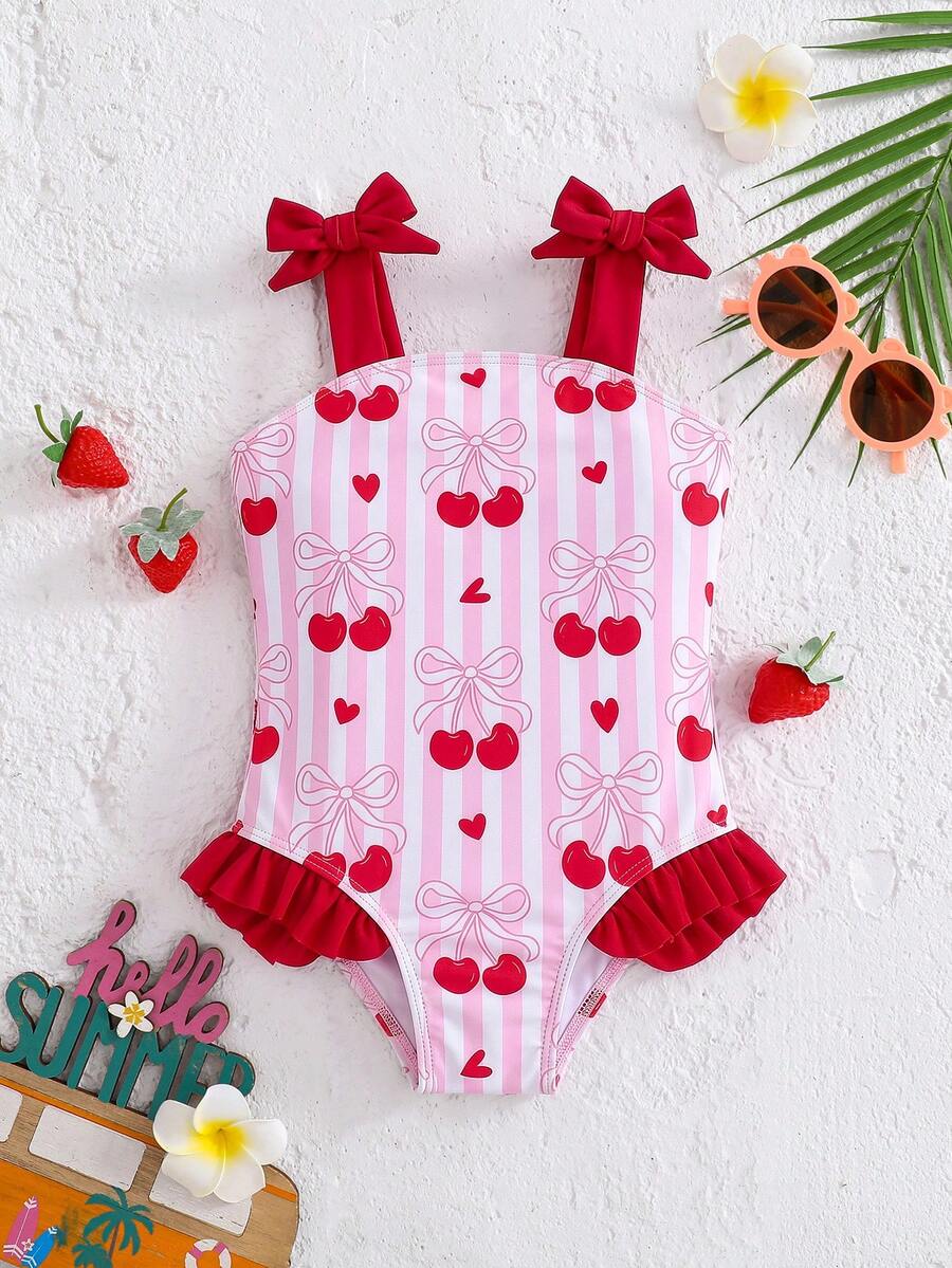 SHEIN 1pc Girls' Cute Knitted Digital Print Pink Bow One-Piece Swimsuit, Elegant & Refined, Suitable For Swimming, Vacation, Summer - Multicolor - View 1