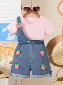 SHEIN Playful Pals 2件套女婴白色T恤+卡通鸭子图案牛仔背带短裤套装，可爱百搭舒适弹力腰卷边短裤，夏季设计 - 粉色 - 查看 1