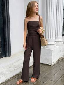 SHEIN 少女休闲优雅时尚纯色纹理针织抹胸上衣和阔腿裤两件套 - 棕色 - 查看 7