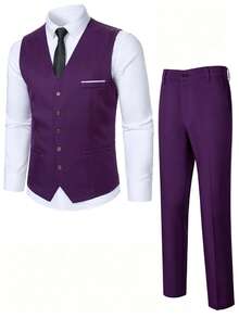 Manfinity Mode Men's Business Button Vest Jacket And Casual Pocket Pants Suit Set - Purple - View 3