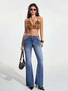 Jeanoix Jeans évasés polyvalents et décontractés pour femmes avec poches - Bleu azur - Voir 5