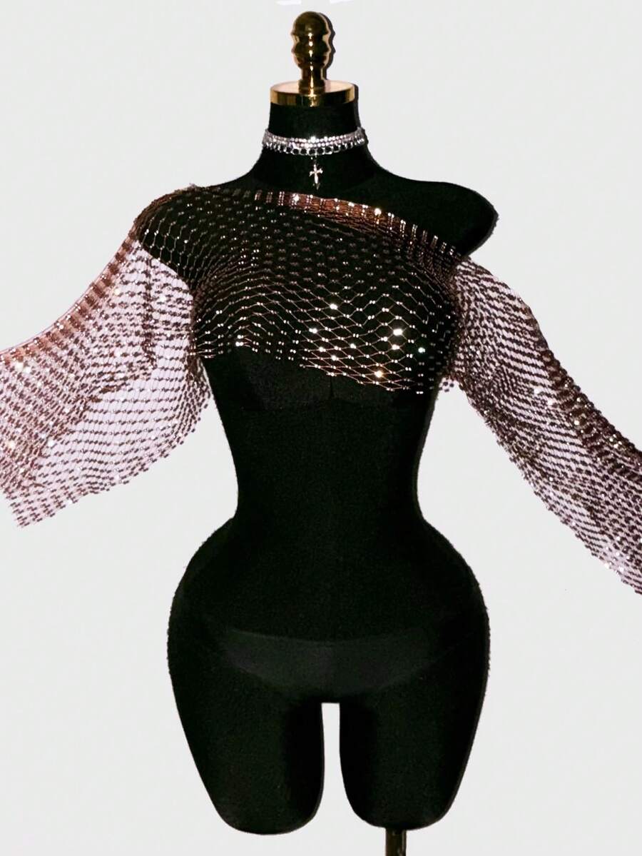 SHEIN Unity Women's Fishnet Rhinestone Cropped Top, Suitable For Holiday Party Golf Outfits Lilac Summer Sexy - Coffee Brown - View 1