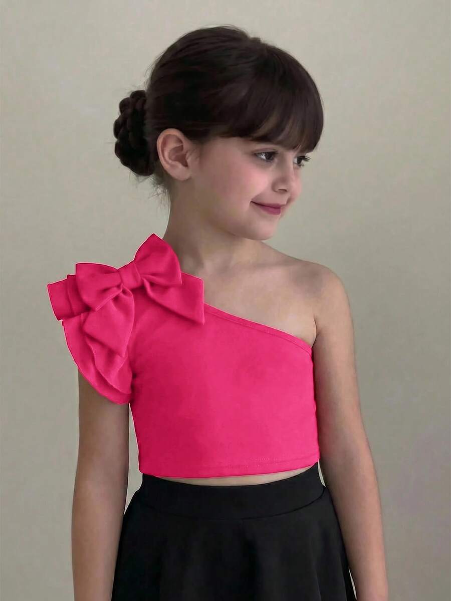 SHEIN Young Girl Summer Fashion Solid Color Bowknot Decor Layered Ruffle Armhole Cropped Top - Hot Pink - View 1
