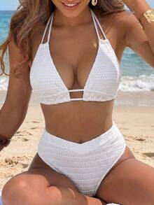 Swim Basics Women's Summer Beach Vacation Solid Color Textured Fabric Backless Tie-Front Split Bikini Set - White - View 1