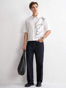RONVEXI 抽象线条素描人像剪影印花宽松短袖衬衫，约会聚会必备，时尚情侣/男友礼物 - 黑與白 - 查看 3