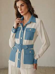 Anewsta 春夏现代复古撞色纹理面料设计实用衬衫，配有大口袋和腰带 - 白色 - 查看 6