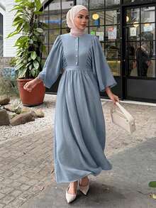 DAZY Women's Elegant Solid Color Round Neck Ruched Waist Mid-Length Dress, Spring & Summer Sundress - Blue - View 4