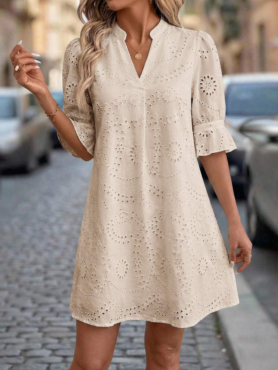 Editum Women's Notched Neck Cutout 3/4 Sleeve Ruffled Hem Eyelet Embroidery Loose Casual Dress, Pure White, Elegant For Daily, Vacation, Commute, Spring/Summer - Khaki - View 1