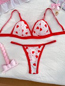 PetitDoll 女款心形印花蕾絲拼接三角罩杯內衣內褲套裝，甜美風格 - 彩色 - 查看 6
