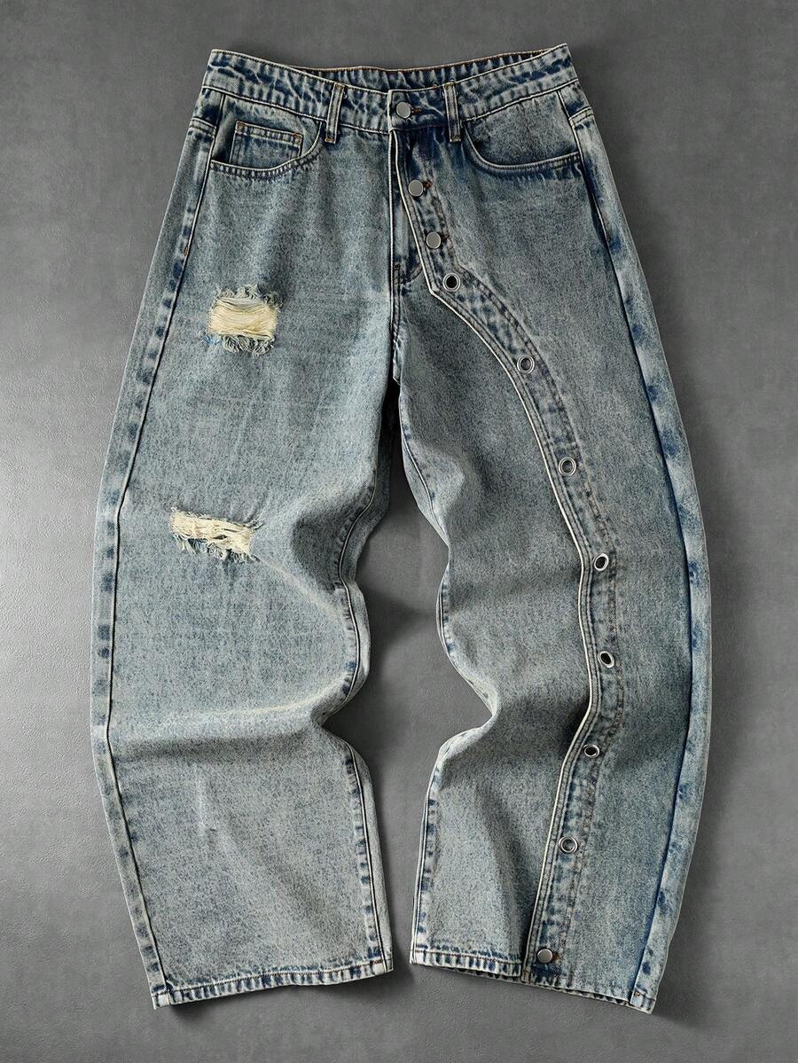 ROMWE MEN Vintage Washed Distressed Loose Straight Leg Jeans, Casual Versatile Denim Pants For Men - Blue - View 1
