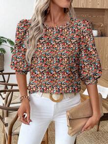 EMERY ROSE Women's Casual Commuter Printed Lantern Sleeve Shirt - Multicolor - View 5