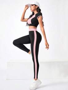 SHEIN Rhythm Era 2件組休閒百搭大尺碼拉鍊設計字母印花修身褲運動套裝 - 彩色 - 查看 4