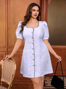 SHEIN Clasi Plus Size Women's Purple Houndstooth Textured Fabric Square Neck Short Sleeve Casual Elegant Retro Dress - Purple - View 3