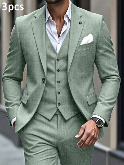 Manfinity Mode Plus Size Men's Elegant Fashion Notched Lapel Blazer & Waistcoat & Pants Formal Suit Set