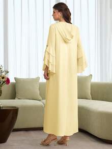 Al Najma Layered Floral Jacquard Hooded Cape With Ruffled Hem And Puff Sleeves, Elegant Robe - Light Yellow - View 4