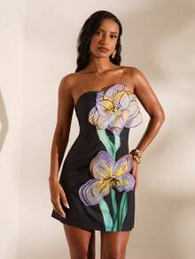 Opulessa Women's 3D Floral Decor Fashion Bandeau Mini Dress - Black - View 6
