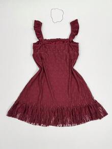 Sweetra Plus Size Women's Burgundy Lace Square Neck Puff Sleeve Cinched Waist A-Line Short Dress, French Sexy Style, Slimming Fit, Birthday Wedding - Burgundy - View 12