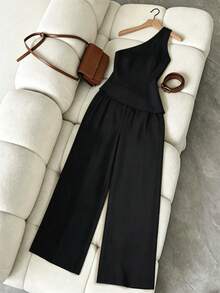 Selianne 2 pièces/Set Top sans manches asymétrique et jupe assortie pour femmes - Noir - Voir 2