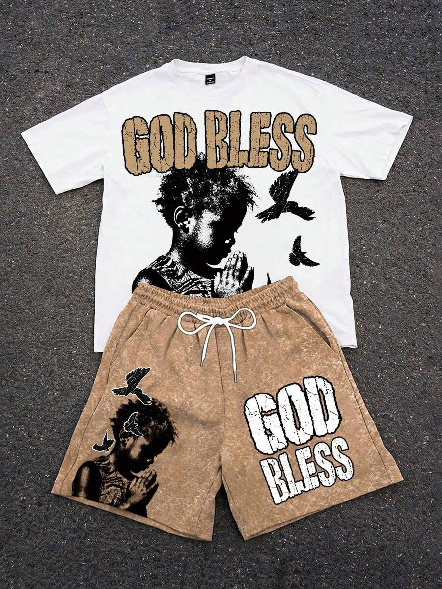GENIUS ODE 男士創意字母「GOD BLESS」圖案印花T恤短褲套裝,街頭風,度假款 - 彩色 - 查看 1