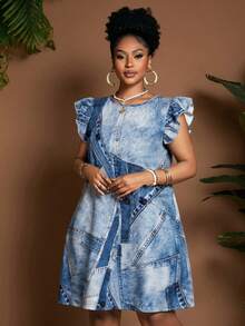 Maweii Robe ample à imprimé floral, col rond, manches volantées, coupe trapèze, style décontracté élégant, design mode, convient pour les trajets, le port quotidien, les vacances, grande taille, vert, printemps/été - Multicolore - Voir 3