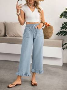 Breezaya Quần jean nữ eo dây rút có túi thiết kế gấu bèo nhún - Màu xanh lam - Xem 7