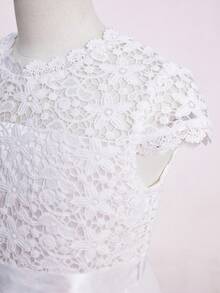 Wedding Summer Girls' Lace Patchwork Satin Half Sleeve Midi Dress, Ball Gown Performance, Birthday Party, Banquet, Christmas White Elegant - White - View 7