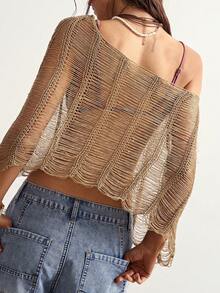 Bohemela Áo len dệt kim nữ phong cách Bohemian, tua rua, cắt rỗng, gợi cảm, đa năng - Màu Khaki - Xem 7