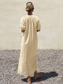 Livesso Vestido midi reto estilo camisa, solto, casual business, para férias, com textura de bolinhas, mangas bufantes elegantes, primavera-verão, para mulher, adequado para casamento e banquete - Butter Yellow - Ver 5