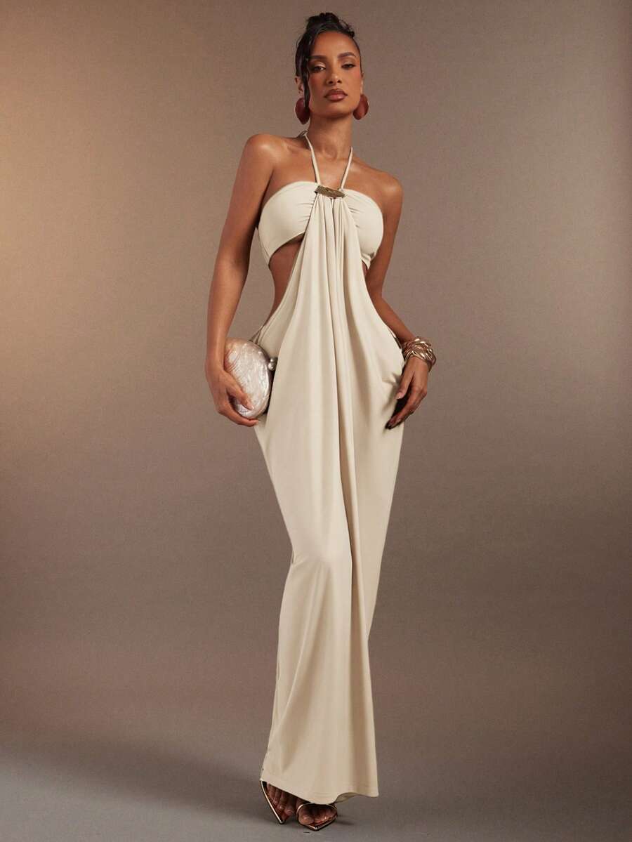 Hauture Olive Green Bandeau Cut Out Side Draped Gathered Side Halter Neck Maxi Dess - Apricot - View 1