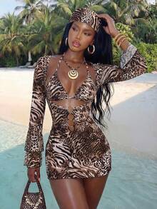 SHEIN Swim 新款春夏多色动物纹印花连衣裙，豹纹金属配饰镂空性感网纱半透明双层袖修身连衣裙，显瘦，适合黑色派对、下午茶、邮轮度假、女士泳装罩衫 - 彩色 - 查看 6