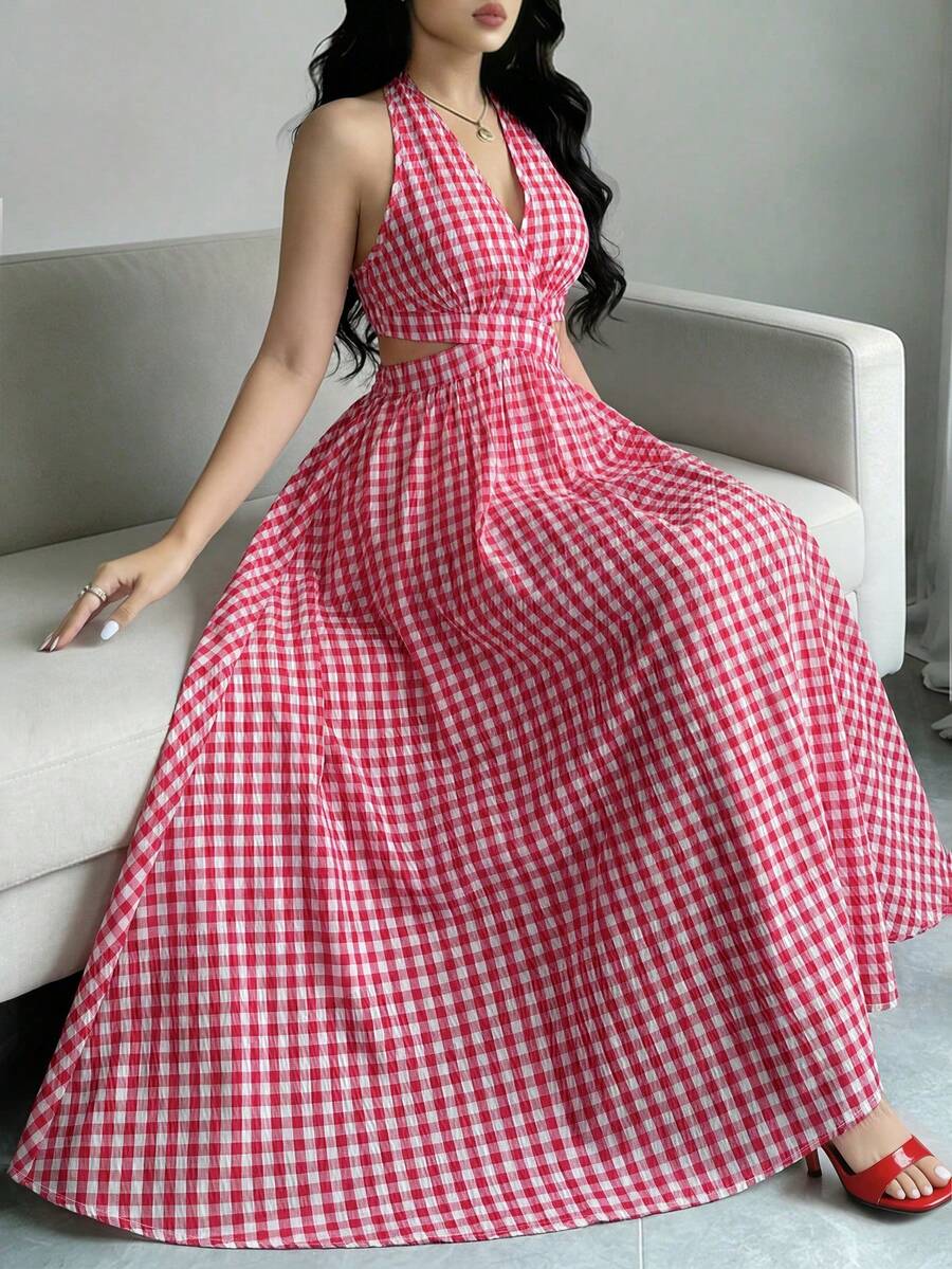 SHEIN Raffinéa Women's Long Red Plaid Halter Dress - Red - View 1