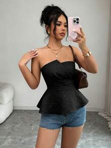 GlowEve Blusa casual ajustada de verano para mujer con diseño de bandeau de jacquard blanco, apta para uso diario - Negro - Ver 3