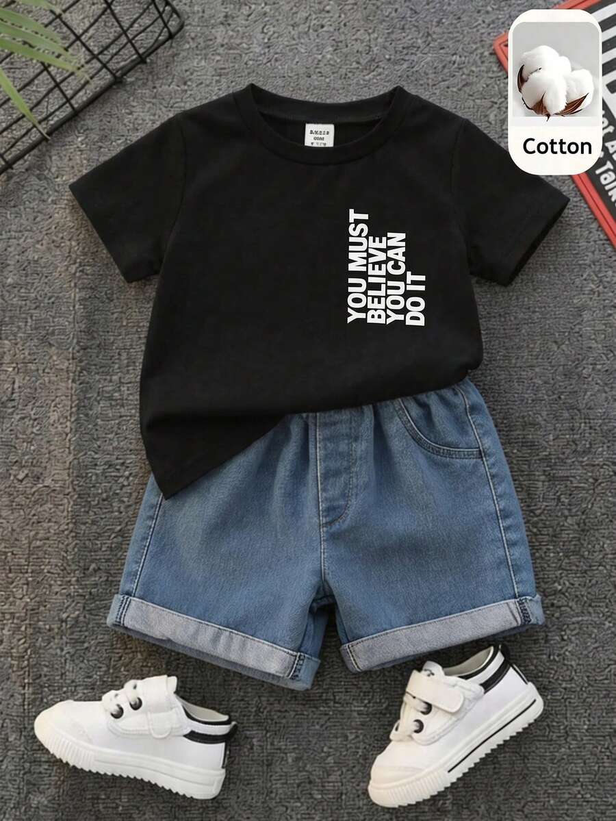 SHEIN 2件組中性嬰兒男/女童休閒短袖T恤與牛仔短褲套裝,春/夏街頭風穿搭 - 黑色 - 查看 1
