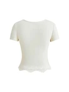 ROMWE Kawaii Women's Cute Kitty Print Lace Patchwork U-Neck T-Shirt - Apricot - View 2