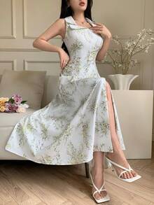 Modelyn 時尚浪漫花卉印花長洋裝女款，特殊面料製成 - 白色 - 查看 2