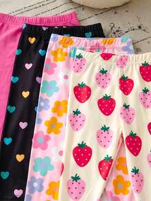 3pcs/Set Surprise Hidden Box, Random 3pcs Girls Leggings - Heart, Colorful Flower, Strawberry And Solid Fuchsia, Suitable For Spring/Summer, Sweet & Fresh, Comfortable For Outings & Daily Activities - Multicolor - View 5