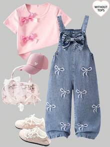 Elladie kids 女童牛仔吊帶褲與連身褲，四季長褲，新品上市，時尚休閒風格，中藍色復古水洗牛仔，彈性腰部設計，白色蝴蝶刺繡與磨損水洗效果，寬鬆A字廓形，柔軟舒適面料，百搭日常穿著，適合度假、音樂節、派對及其他場合，夏季與四季皆宜 - 中等水洗藍 - 查看 3