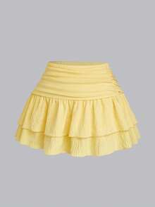 Sweetra Plus Size Sweet New Versatile High Waist Pleated Double-Layer Solid Color Skirt - Yellow - View 1