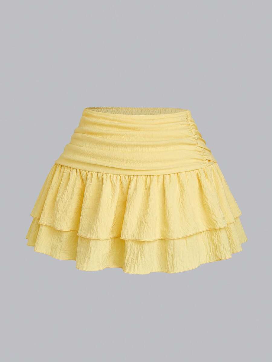 Sweetra Plus Size Sweet New Versatile High Waist Pleated Double-Layer Solid Color Skirt - Yellow - View 1